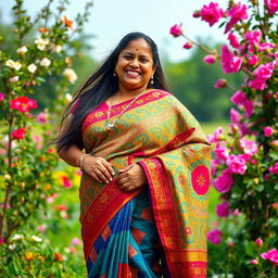 A lively and vibrant Bengal woman, described as a plump aunty, elegantly draped in a colorful saree that highlights her curves