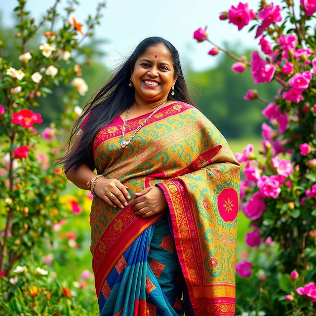 A lively and vibrant Bengal woman, described as a plump aunty, elegantly draped in a colorful saree that highlights her curves