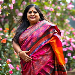 A lively and vibrant Bengal woman, described as a plump aunty, elegantly draped in a colorful saree that highlights her curves