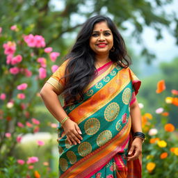 A lively and vibrant Bengal woman, described as a plump aunty, elegantly draped in a colorful saree that highlights her curves