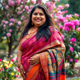 A lively and vibrant Bengal woman, described as a plump aunty, elegantly draped in a colorful saree that highlights her curves
