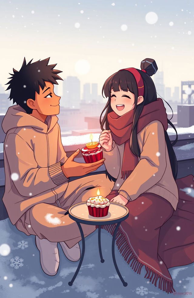 A heartwarming scene set on a chilly school rooftop during winter, where two friends, Ejekiel and Athy, are sharing a lunch