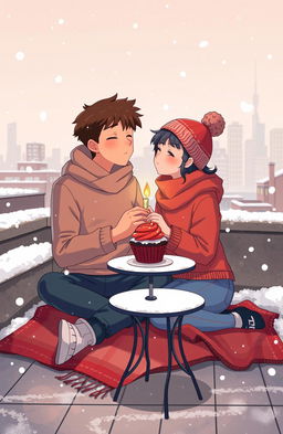 A heartwarming scene set on a chilly school rooftop during winter, where two friends, Ejekiel and Athy, are sharing a lunch