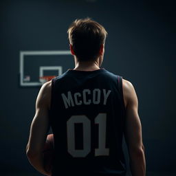 A dark-themed image of a brown-haired basketball player from behind, featuring the name 'McCoy' and the number '01' on his jersey