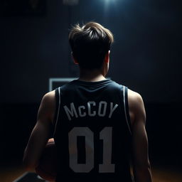 A dark-themed image of a brown-haired basketball player from behind, featuring the name 'McCoy' and the number '01' on his jersey