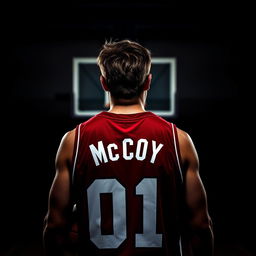 A dark-themed image of a brown-haired basketball player from behind, featuring the name 'McCoy' and the number '01' on his jersey
