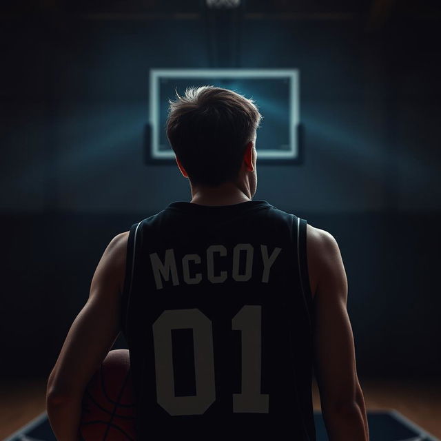 A dark-themed image of a brown-haired basketball player from behind, featuring the name 'McCoy' and the number '01' on his jersey