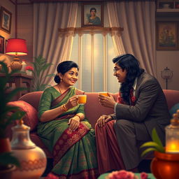 A charming scene depicting a Bengali aunty in a traditional saree, elegantly draped and adorned with intricate patterns