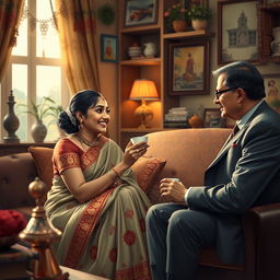 A charming scene depicting a Bengali aunty in a traditional saree, elegantly draped and adorned with intricate patterns