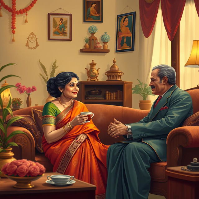 A charming scene depicting a Bengali aunty in a traditional saree, elegantly draped and adorned with intricate patterns