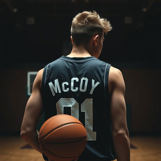 A dark-themed image of a brown-haired basketball player from behind, featuring the name 'McCoy' and the number '01' on his jersey