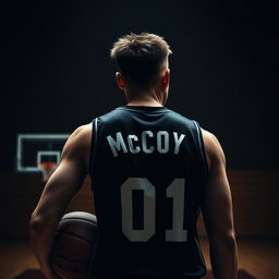 A dark-themed image of a brown-haired basketball player from behind, featuring the name 'McCoy' and the number '01' on his jersey