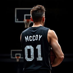 A dark-themed image of a brown-haired basketball player from behind, featuring the name 'McCoy' and the number '01' on his jersey