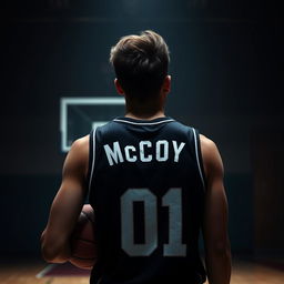 A dark-themed image of a brown-haired basketball player from behind, featuring the name 'McCoy' and the number '01' on his jersey