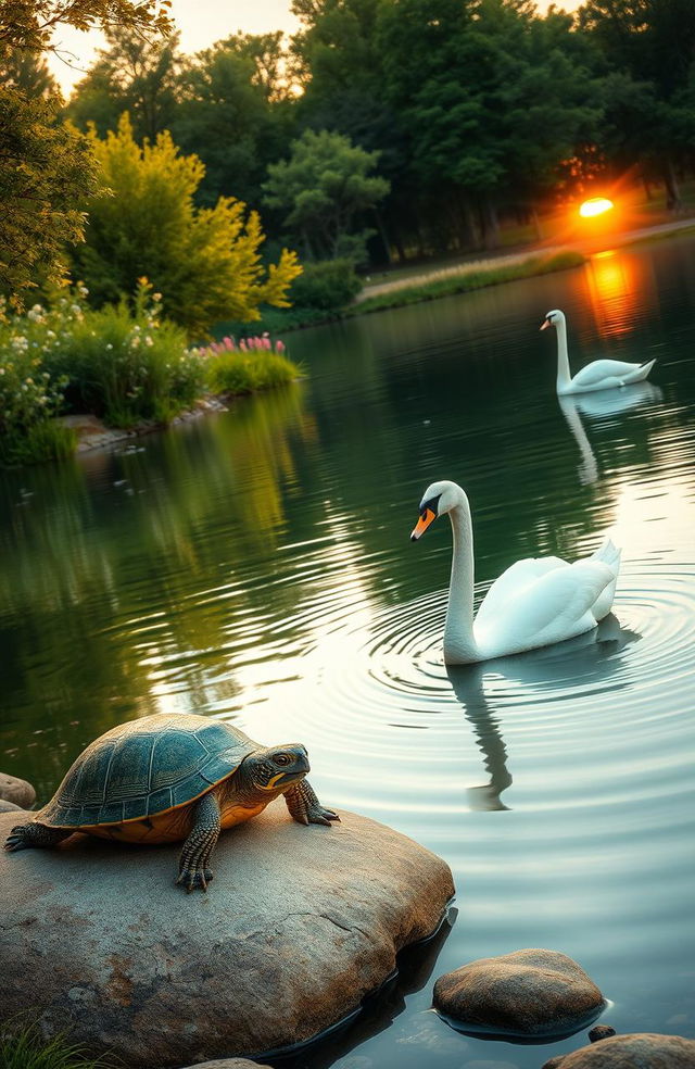 A serene lakeside scene featuring a turtle basking on a smooth rock near the water's edge, while a graceful swan glides elegantly across the calm lake