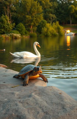 A serene lakeside scene featuring a turtle basking on a smooth rock near the water's edge, while a graceful swan glides elegantly across the calm lake