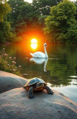 A serene lakeside scene featuring a turtle basking on a smooth rock near the water's edge, while a graceful swan glides elegantly across the calm lake