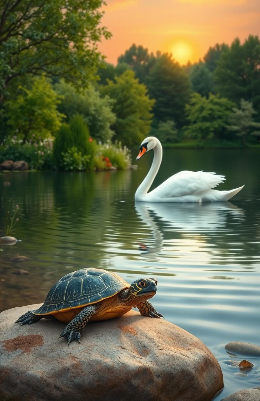 A serene lakeside scene featuring a turtle basking on a smooth rock near the water's edge, while a graceful swan glides elegantly across the calm lake