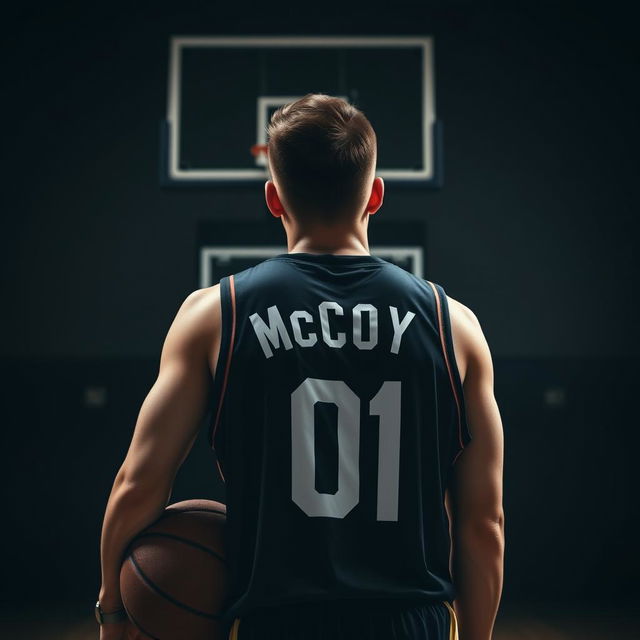 A dark-themed image of a brown-haired basketball player from behind, featuring the name 'McCoy' and the number '01' on his jersey