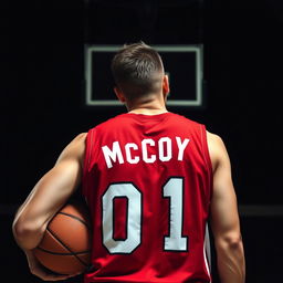 A dark-themed image of a brown-haired basketball player from behind, featuring the name 'McCoy' and the number '01' on his jersey