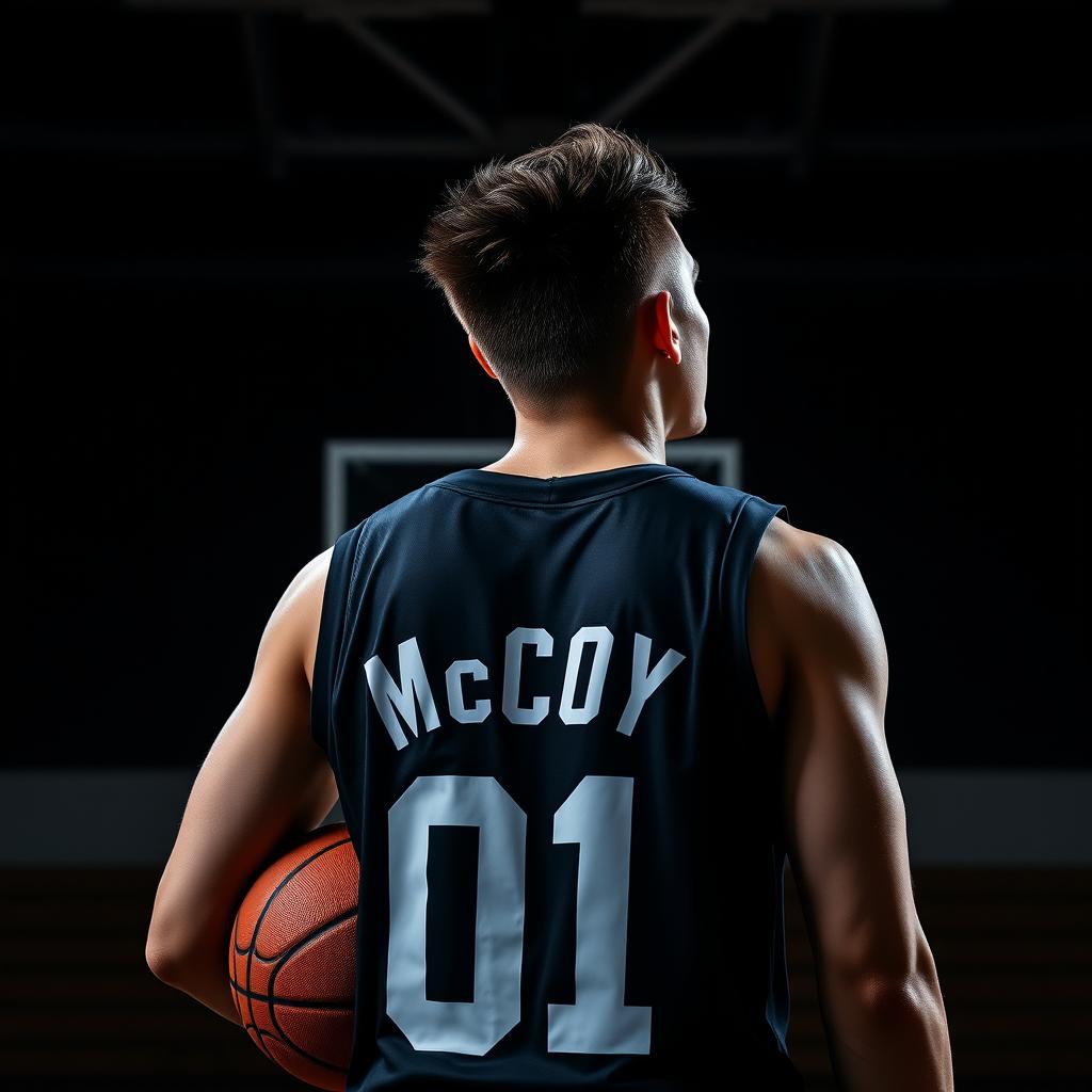 A dark-themed image of a brown-haired basketball player from behind, featuring the name 'McCoy' and the number '01' on his jersey