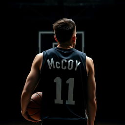 A dark-themed image of a brown-haired basketball player from behind, featuring the name 'McCoy' and the number '01' on his jersey