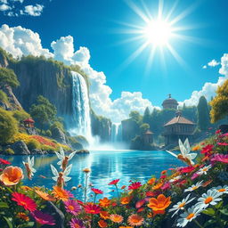 A vibrant fantasy landscape featuring a majestic waterfall cascading into a crystal clear lake, surrounded by lush greenery and colorful flowers