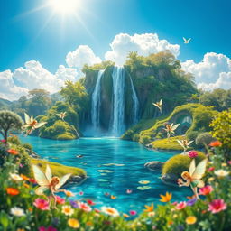 A vibrant fantasy landscape featuring a majestic waterfall cascading into a crystal clear lake, surrounded by lush greenery and colorful flowers
