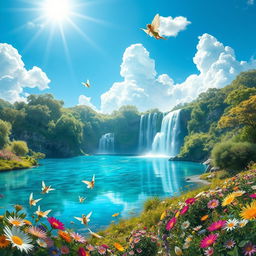 A vibrant fantasy landscape featuring a majestic waterfall cascading into a crystal clear lake, surrounded by lush greenery and colorful flowers