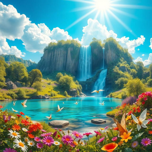 A vibrant fantasy landscape featuring a majestic waterfall cascading into a crystal clear lake, surrounded by lush greenery and colorful flowers