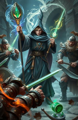 A dynamic scene depicting a young 20-year-old wizard with a majestic robe and a glowing staff, skillfully battling five rugged 39-year-old warriors