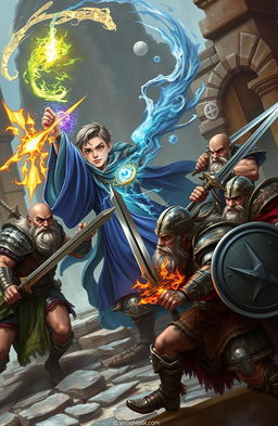 A dynamic scene depicting a young 20-year-old wizard with a majestic robe and a glowing staff, skillfully battling five rugged 39-year-old warriors
