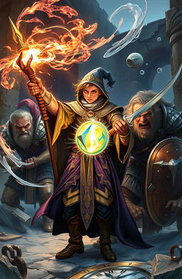 A dynamic scene depicting a young 20-year-old wizard with a majestic robe and a glowing staff, skillfully battling five rugged 39-year-old warriors
