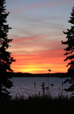 A serene evening landscape featuring a beautiful sunset over a calm lake, with vibrant colors blending orange, pink, and purple