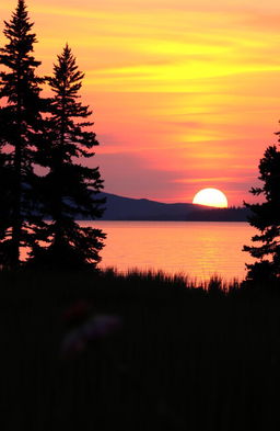A serene evening landscape featuring a beautiful sunset over a calm lake, with vibrant colors blending orange, pink, and purple