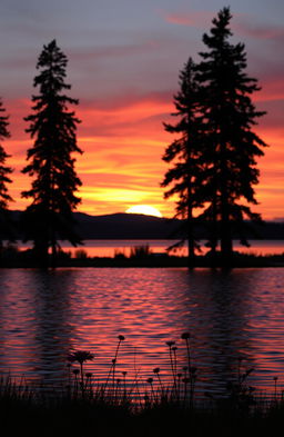 A serene evening landscape featuring a beautiful sunset over a calm lake, with vibrant colors blending orange, pink, and purple