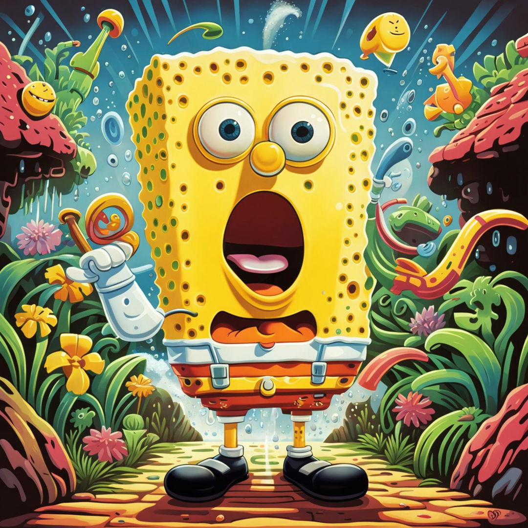 Animated poster featuring SpongeBob SquarePants in his iconic outfit with spatula in hand, surrounded by Bikini Bottom and its residents including Patrick Star, Squidward Tentacles and Sandy Cheeks.