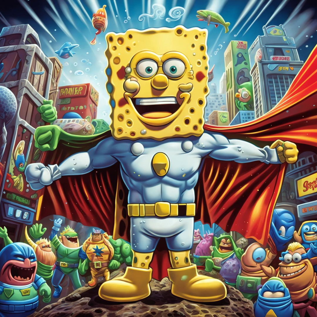 Animated poster of SpongeBob SquarePants in superhero attire, with his friends Patrick, Squidward and Sandy in their respective superhero costumes, all set against the backdrop of a bustling Bikini Bottom.