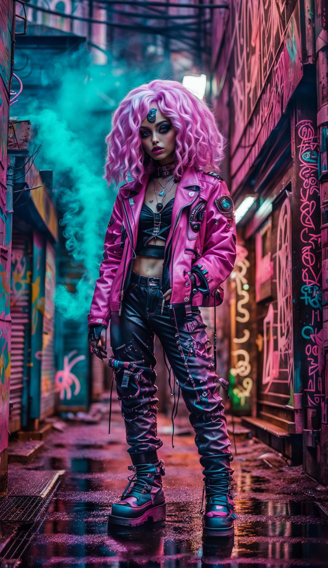 Neon pink alien with large eyes and detailed pink irises wearing a cyan wig. Dressed in cyber-street-punk fashion and smoking a cigarette in a graffitied cyberpunk alleyway filled with alien symbols. Photographed with a Canon EOS 5DS, 85mm f/1.2 lens.