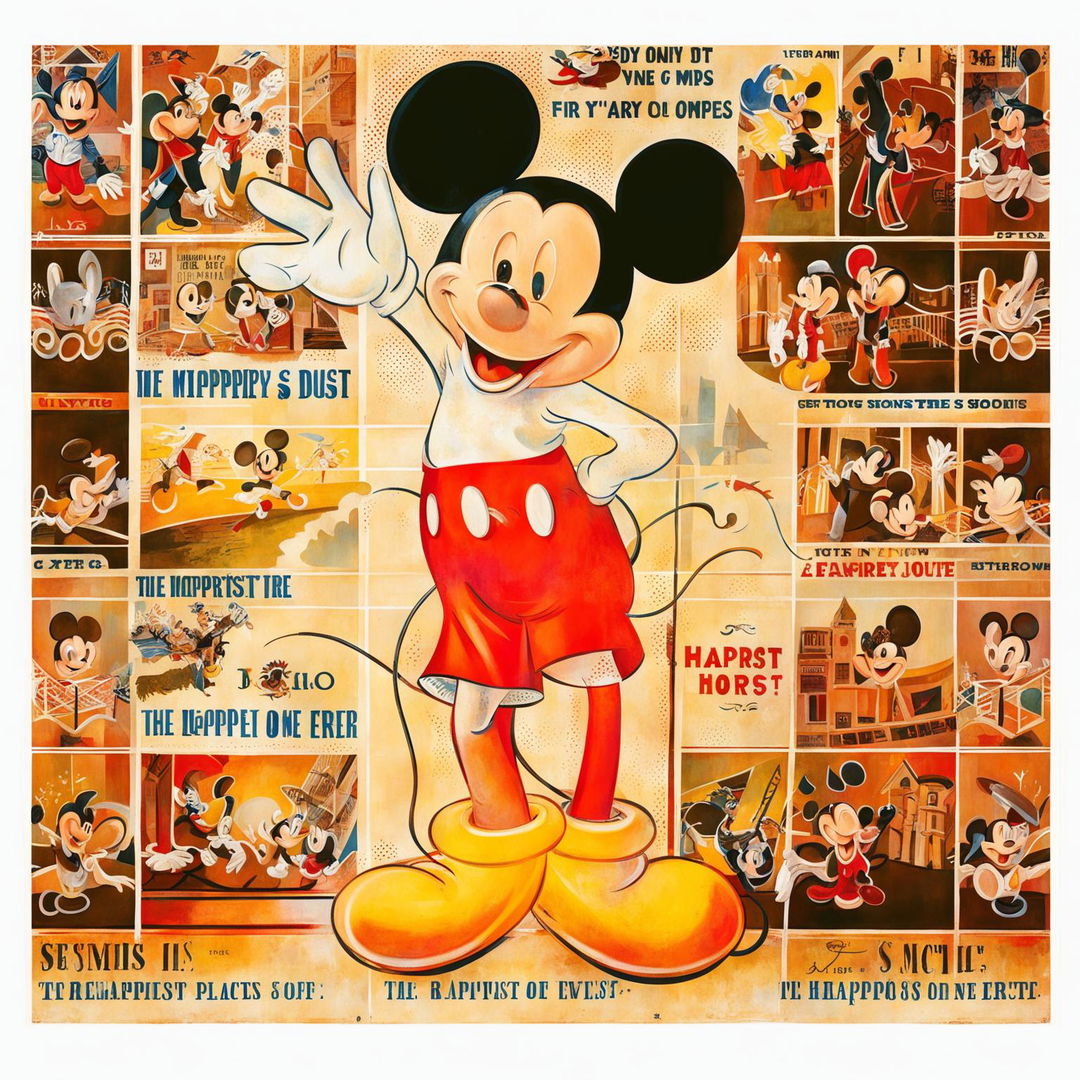 Vintage Mickey Mouse poster with sepia-toned background and scenes from classic cartoons. Mickey in his classic outfit stands in the center, waving.