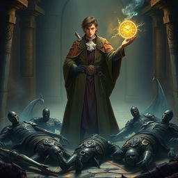 A 20-year-old male wizard with an elaborate robe, standing tall amidst the aftermath of a fierce battle