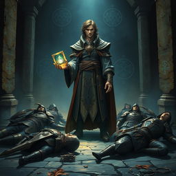 A 20-year-old male wizard with an elaborate robe, standing tall amidst the aftermath of a fierce battle