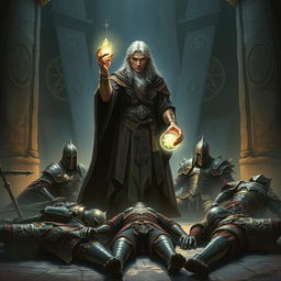 A 20-year-old male wizard with an elaborate robe, standing tall amidst the aftermath of a fierce battle