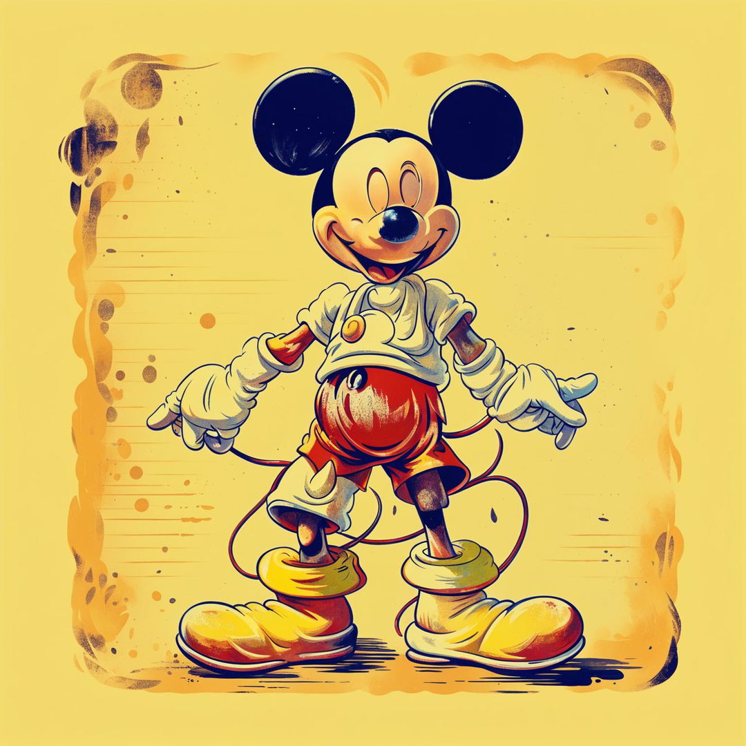 Vintage-style digital art of Mickey Mouse in his classic attire against a cream background, with a faded and worn look for a retro aesthetic.