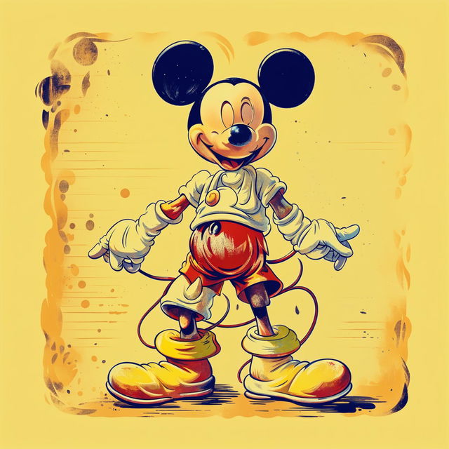 Vintage-style digital art of Mickey Mouse in his classic attire against a cream background, with a faded and worn look for a retro aesthetic.