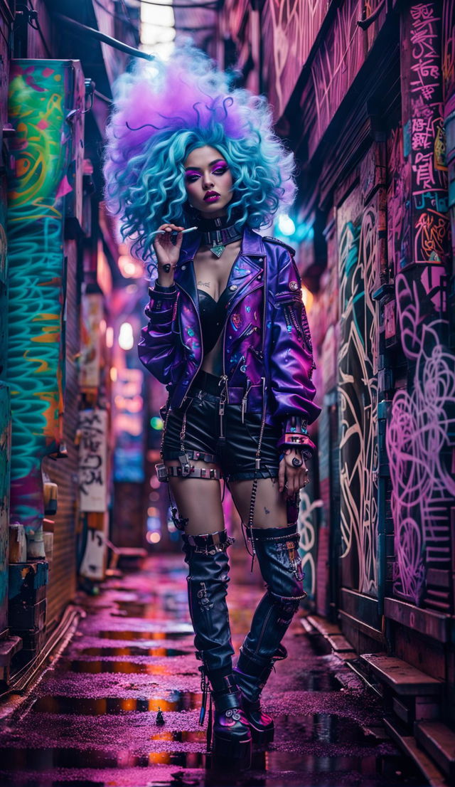 Cyan-skinned alien with large eyes and detailed pink irises wearing a neon purple wig. Dressed in cyber-street-punk fashion and smoking a cigarette in a graffitied cyberpunk alleyway filled with alien symbols. Photographed with a Canon EOS 5DS, 85mm f/1.2 lens.