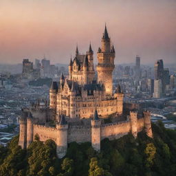 An antique castle majestically standing amidst a bustling modern city skyline during sunset.