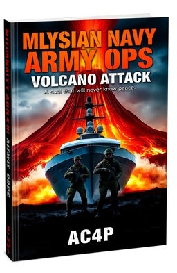 A dramatic book cover depicting a powerful navy boat positioned in front of a majestic volcano, with two army soldiers standing assertively in front of the boat