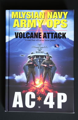 A dramatic book cover depicting a powerful navy boat positioned in front of a majestic volcano, with two army soldiers standing assertively in front of the boat