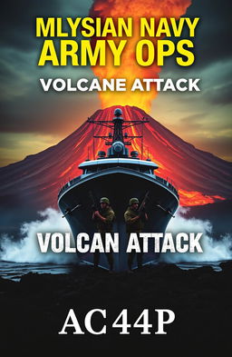 A dramatic book cover depicting a powerful navy boat positioned in front of a majestic volcano, with two army soldiers standing assertively in front of the boat